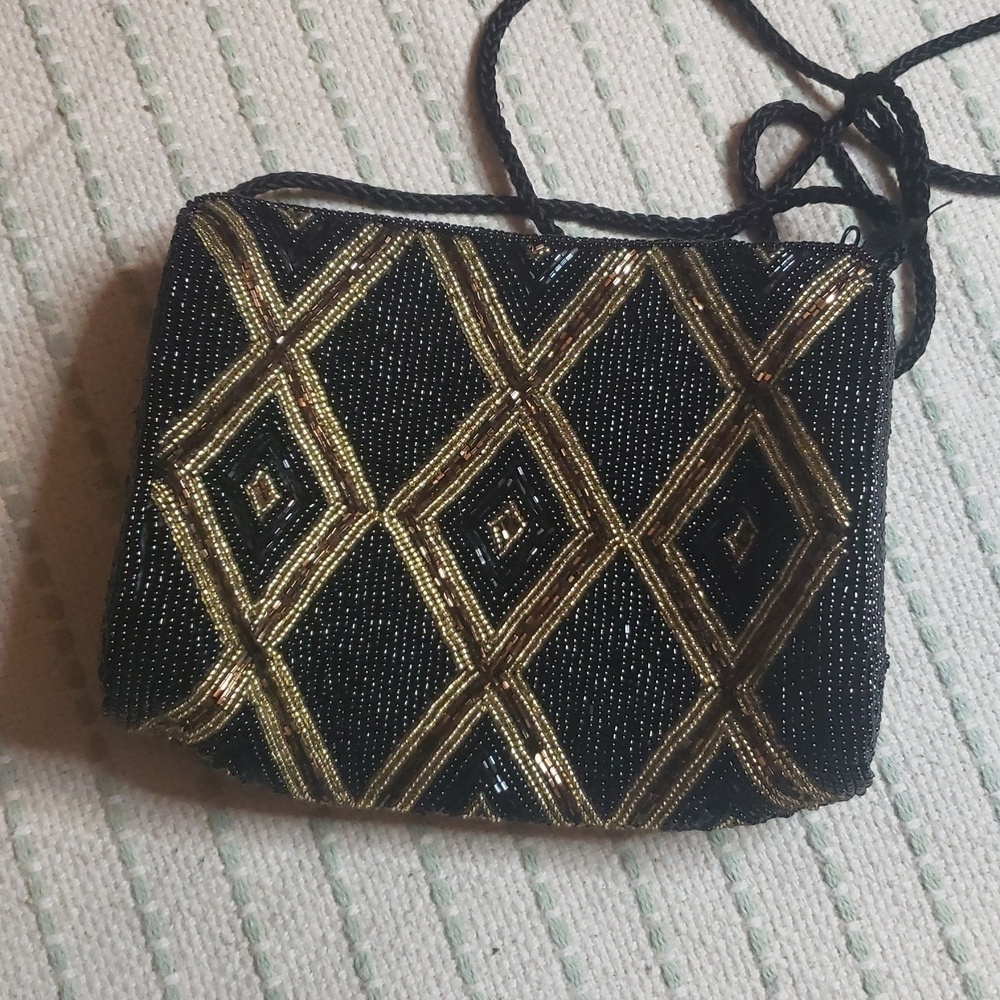 Vintage women's beaded crossbody purse bag black/brown/gold diamond - Picture 3 of 8